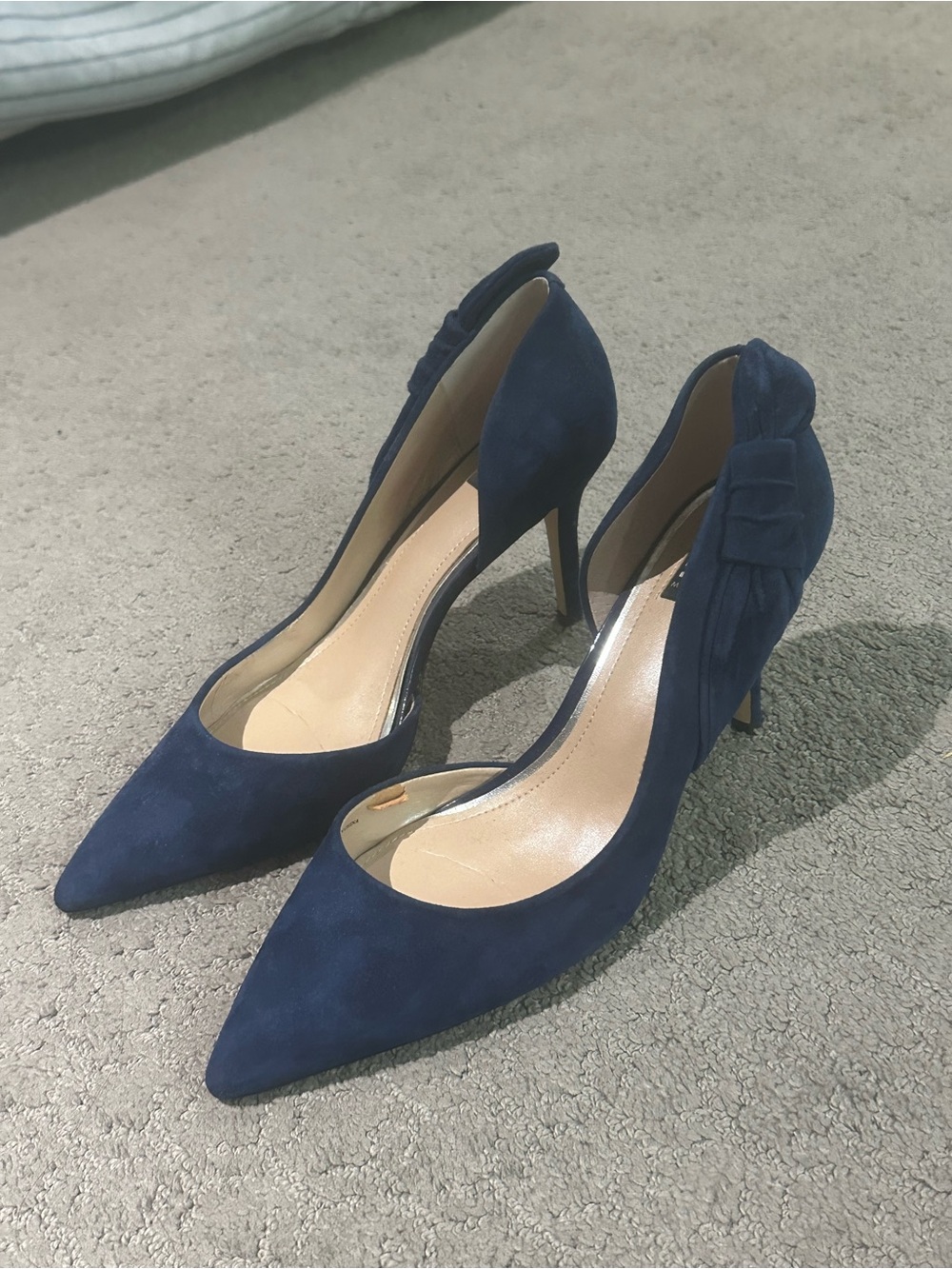 White House Black Market Navy Suede Pointed-Toe Pumps with Heel Bow